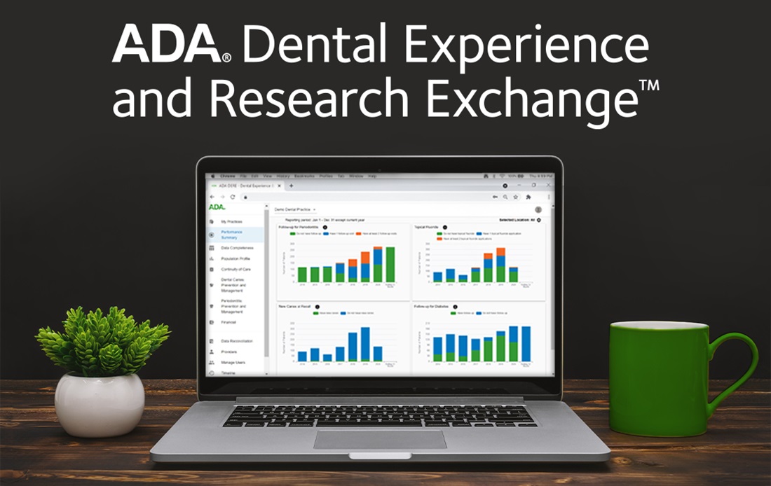 A photograph of a laptop computer on a desk. It's screen is displaying the dashboard of the DERE software. Above the laptop a headline reads, "ADA Dental Experience and Research Exchange".