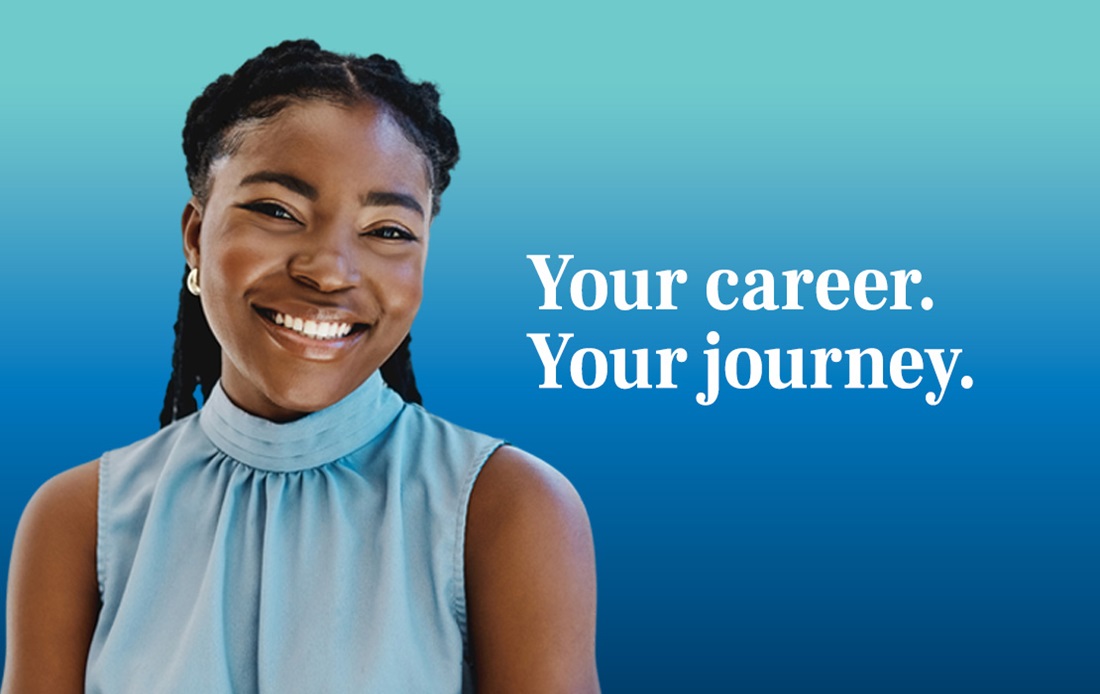 A photograph of a dentist with a caption that reads, "Your career. Your journey."