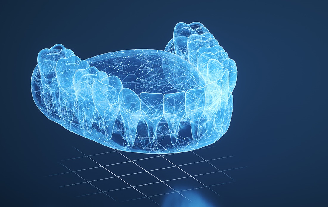 Bluish AI rendition of lower teeth xray