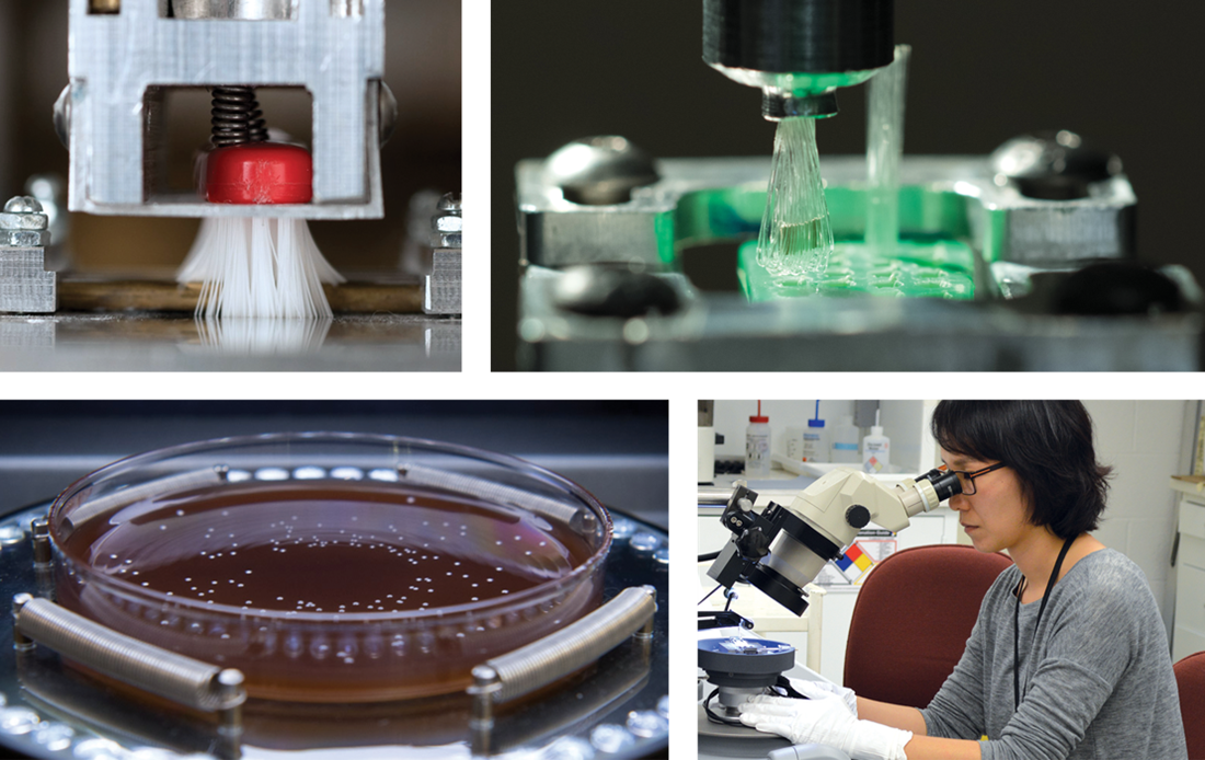 Above four image panels, three showing various laboratory equipment and one showing a scientist using a microscope in a laboratory setting